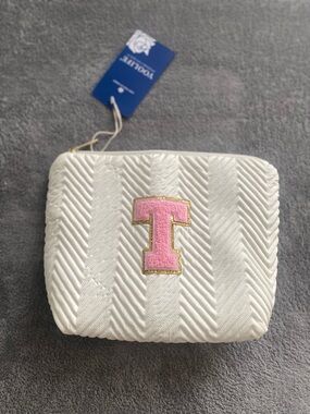 Initial T Quilted Makeup Bag White Pink Monogram Cosmetic Pouch New
